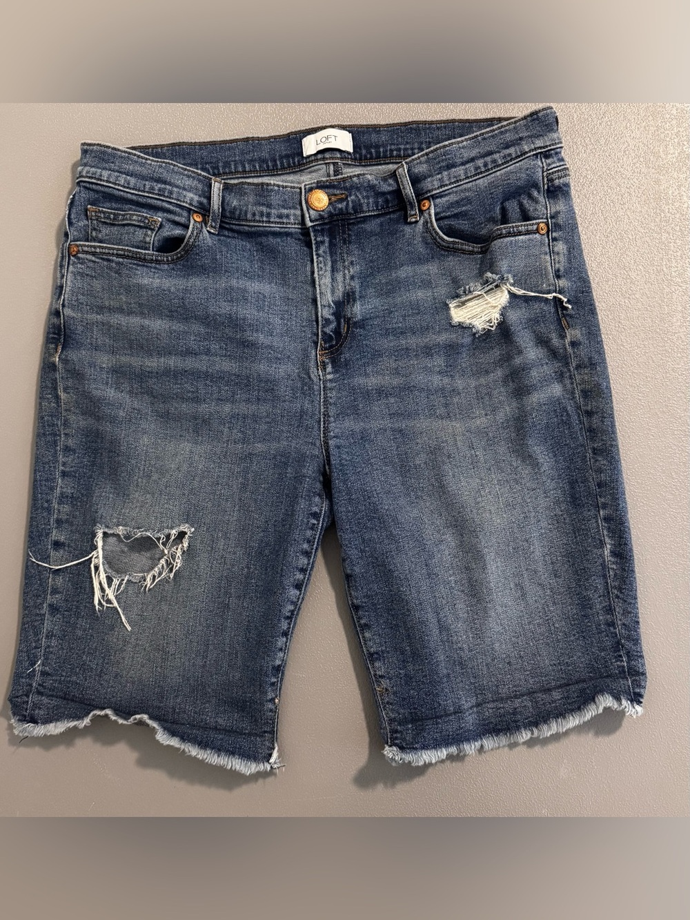 LOFT Women's Distressed Cut Off Dark Denim Bermuda Shorts 12